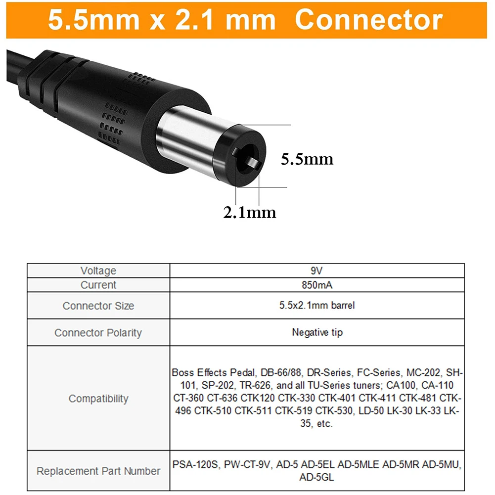 

2m Electric Guitar Pedal Effect 9V 850mA Power Cord Adapter Electronic Organ Charging Cable Musical Instrument Accessories