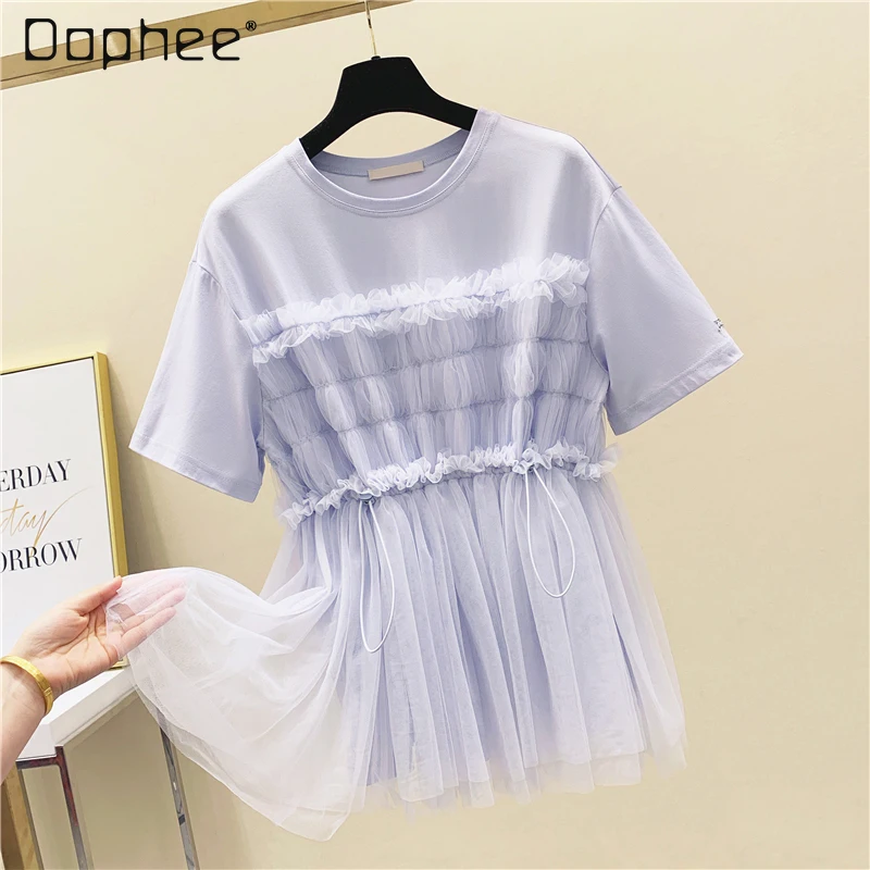 

Женская плиссированная футболка, Сетчатая футболка с коротким рукавом и круглым вырезом, в Корейском стиле, лето 2021