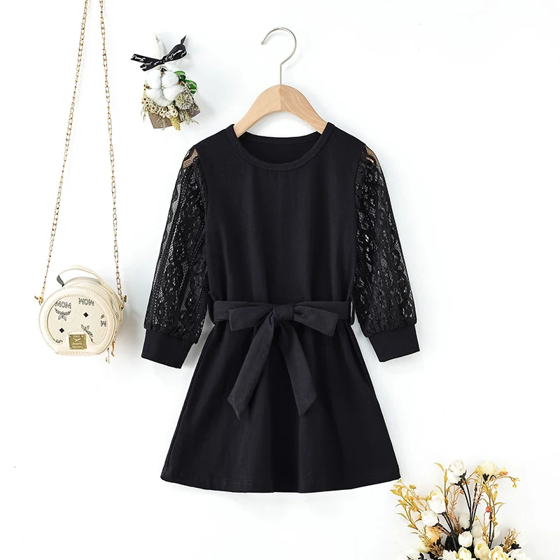 

Girls Black Dress with Lace Sleeves and Belt Flower Girl Dresses Korean Baby Clothes Kids Dresses for Toddler Christmas Outfits