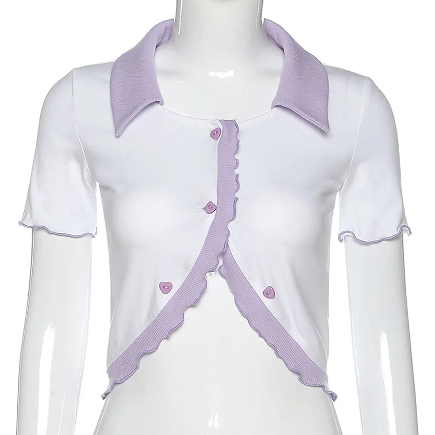 

Lusofie White Sexy Women's Ruffle Top Short Sleeve Lapel Open Navel Splicing T-shirt Summer Fashion High Street Tops Party Club