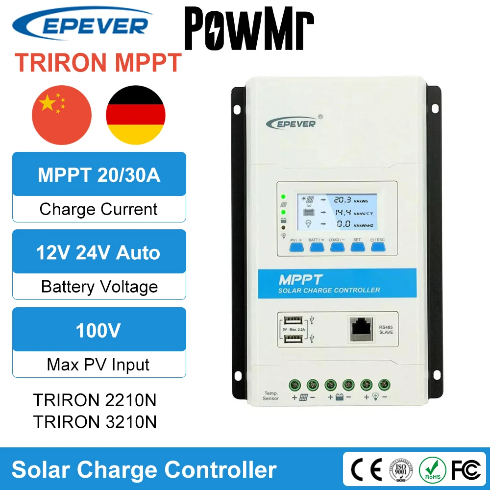 

EPEVER TRIRON MPPT 30A 20A 10A Solar Charge Controller 12V 24V Auto Black-light LCD Modular Solar Regulator Negative Grounding