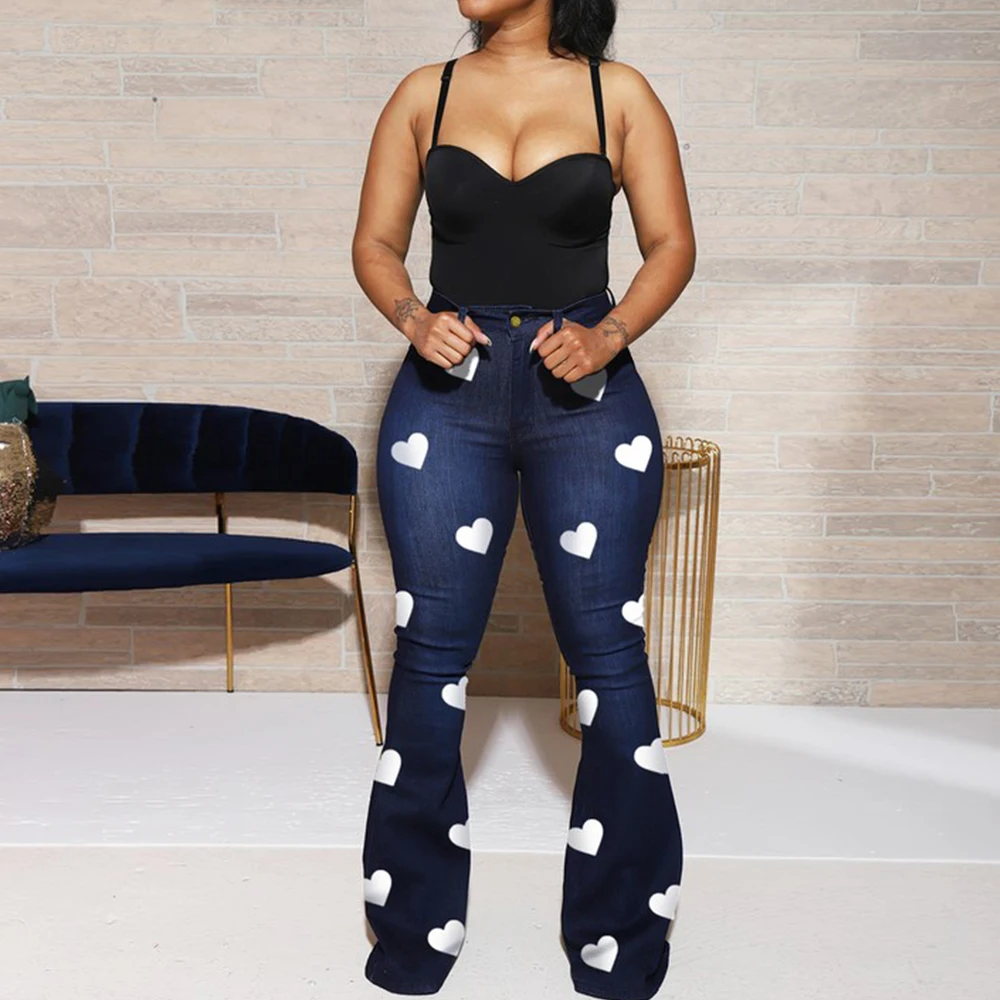 

High Waist Denim Women's Bootcut Trousers Flared Jeans Fashion Loose Casual Jeans Women's Clothing Heart Printing Classic