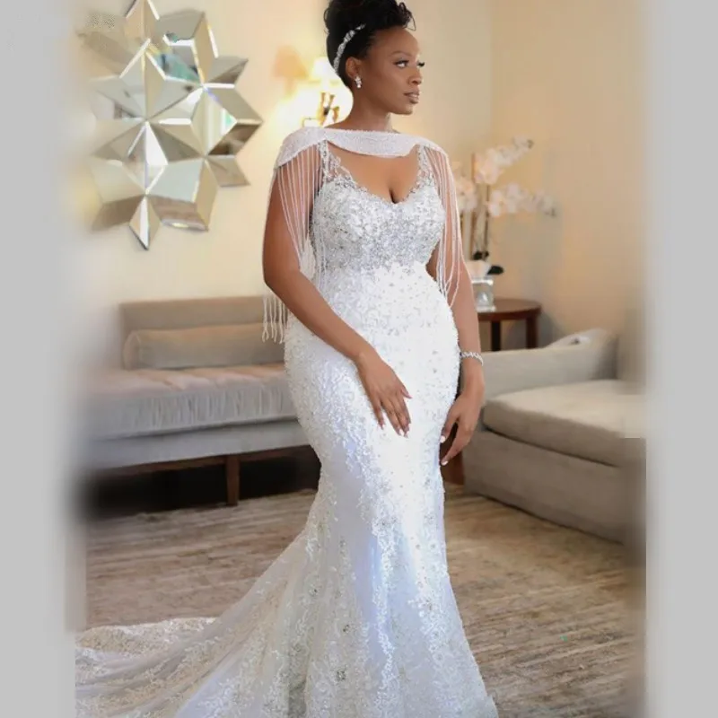 

South African Wedding Dresses Mermaid V-neck Tulle Appliques Lace Beaded Boho Vestido De Noiva Wedding Gown Bridal Dresses