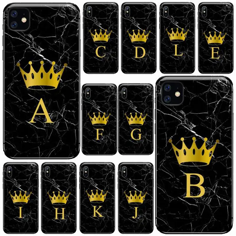 

Custom name Letter Black Marble Gold crown Phone Case for iPhone 11 12 pro XS MAX 8 7 6 6S Plus X 5S SE 2020 XR mini