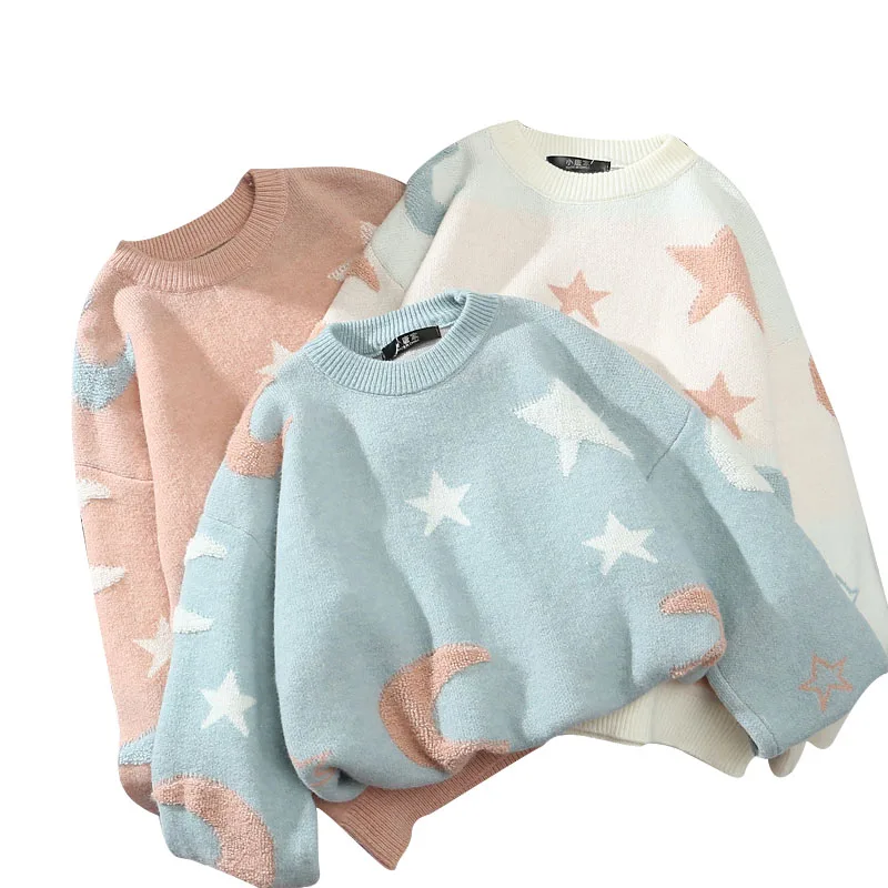 Осенние женские свитера в стиле Харадзюку со звездами и луной корейские