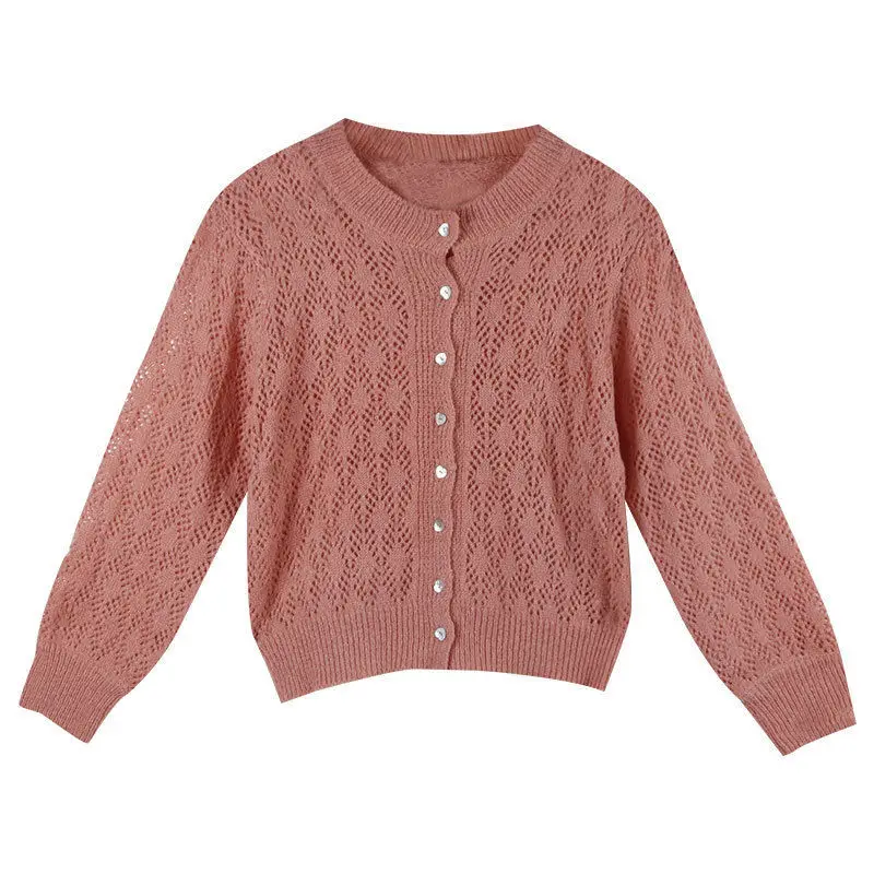 

Spring and Autumn New Gentle Wind Thin Sweater Women Knitted Cardigan Loose Outer Wear Design Sense Hollow Long Sleeve Short
