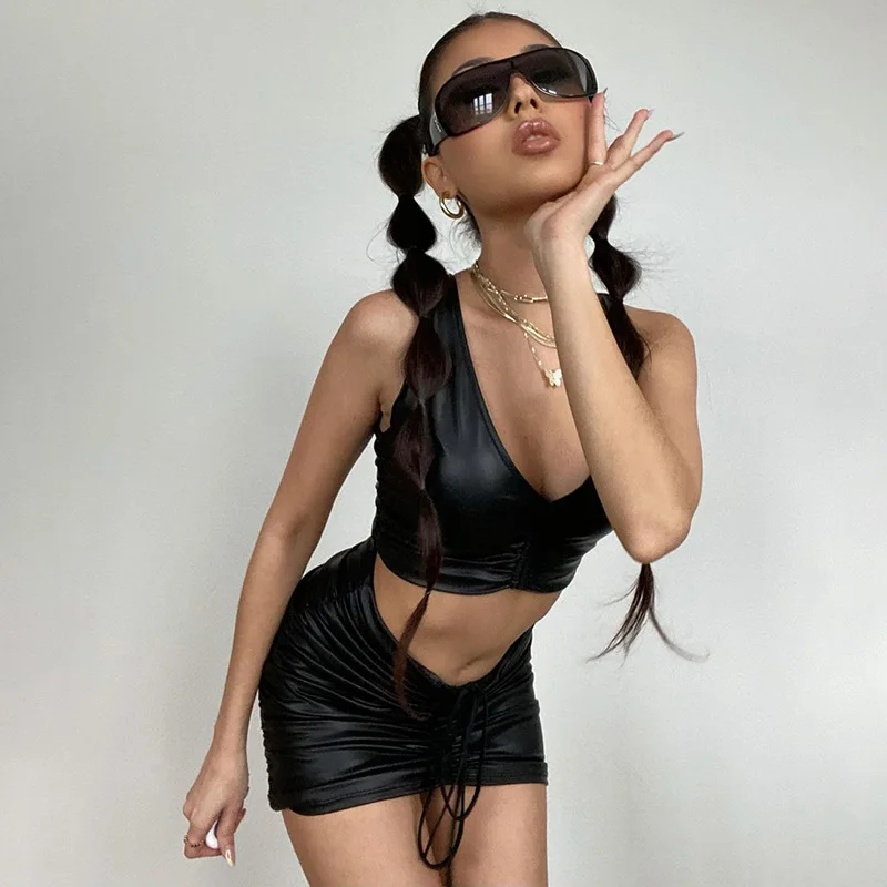 

Sexy Sleeveless Vest Slim Fit Drawstring Short Skirt Set Two Piece Sets Women Party Korean Fashion Black Elegant Femme Suits