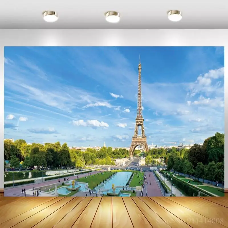 

Фон для фотосъемки с изображением Эйфелевой башни Парижа с изображением летнего неба с изображением синего неба здания фонтана квадрата де...