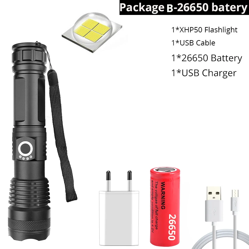 Package B-XHP50 XHP90 XHP70.2 супер мощный светодиодный светильник-вспышка с usb зумом тактический фонарь xhp50 18650 или 26650 перезаряжаемый аккумулятор ручной светильник - Испускаемый цвет: Package B-XHP50