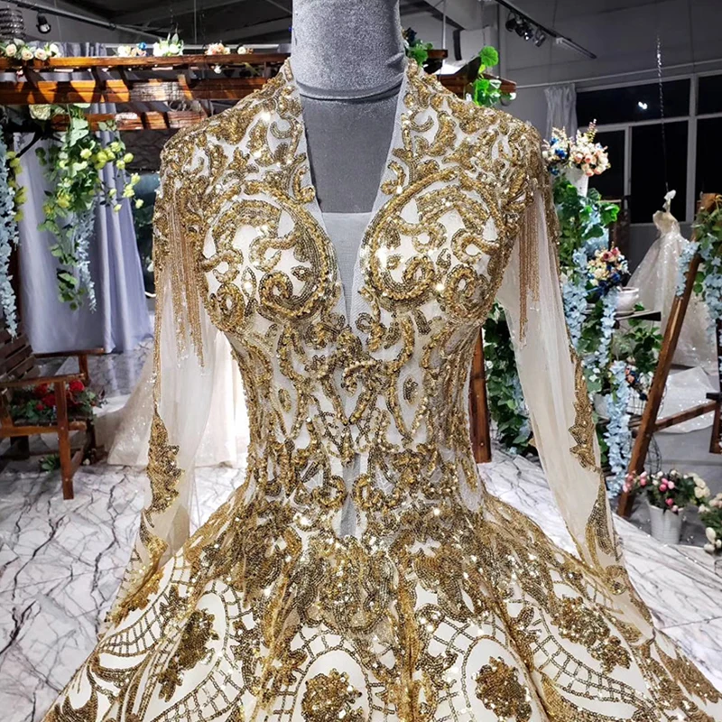 HTL707 Luxury Evening Dress 2020 With Long Sleeves Appliques Ball Gown Beading Sequined  Ruched Sweep train