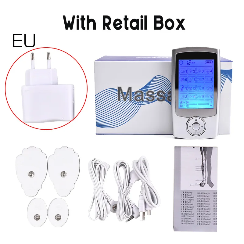 With box EU Мини 16 режимов двойной выход физиотерапия Tens машина ЖК-дисплей индикатор батареи EMS стимулятор мышц тела Электрический массажер - Цвет: With box EU
