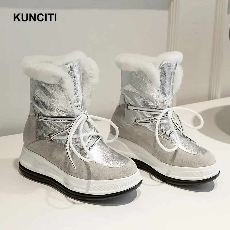KUNCITI/; зимняя обувь; женские зимние ботильоны на шнуровке; ботинки из натуральной кожи на танкетке; модная дизайнерская теплая обувь на меху; D9182