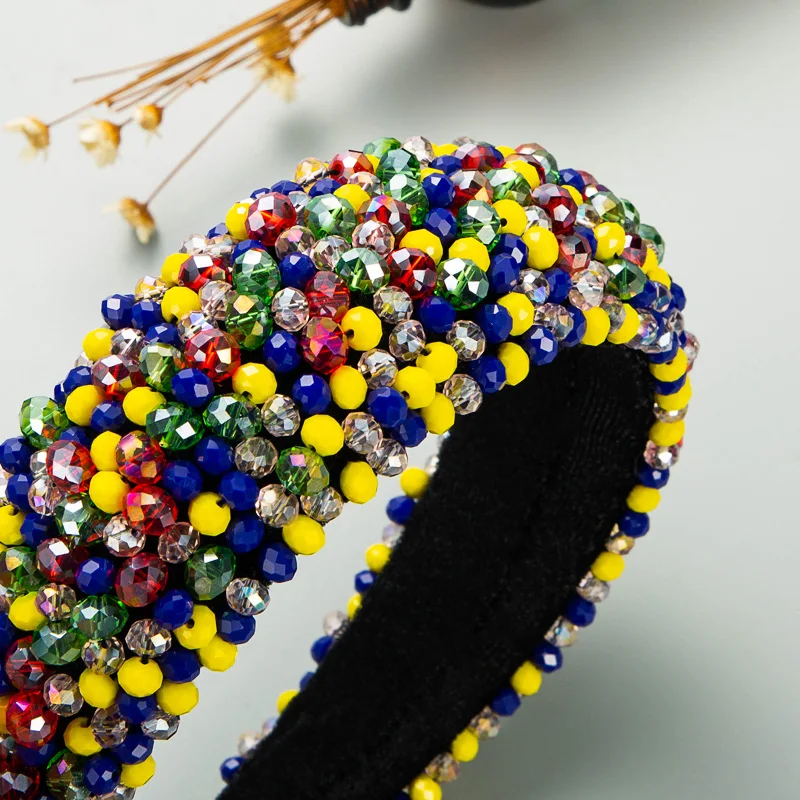 

European American Retro Baroque Hand-stitched Crystal Flannel Headband Gypsophila Sponge Wide Edge Harband Women Hair Accessory