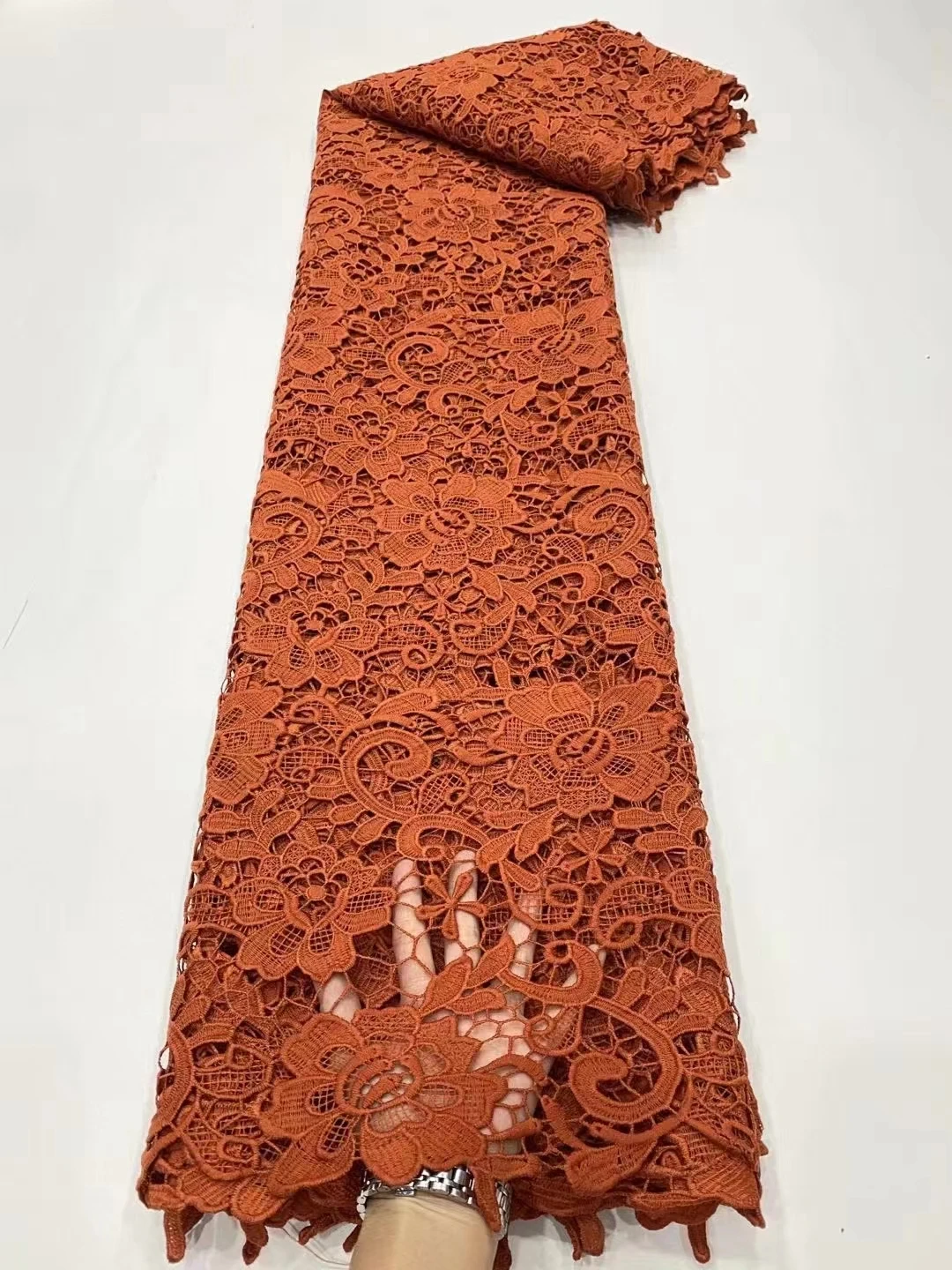

NDPG09 Nice Looking Embroidered Milk Silk Lace Fabric in Brown Factory Price African Guipure Cord Lace for Party/Wedding Dress!