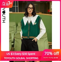 toyouth women kint sweater vest 2021 autumn v neck tops contrast color stripes vintage collage style cardigan sweater vest
