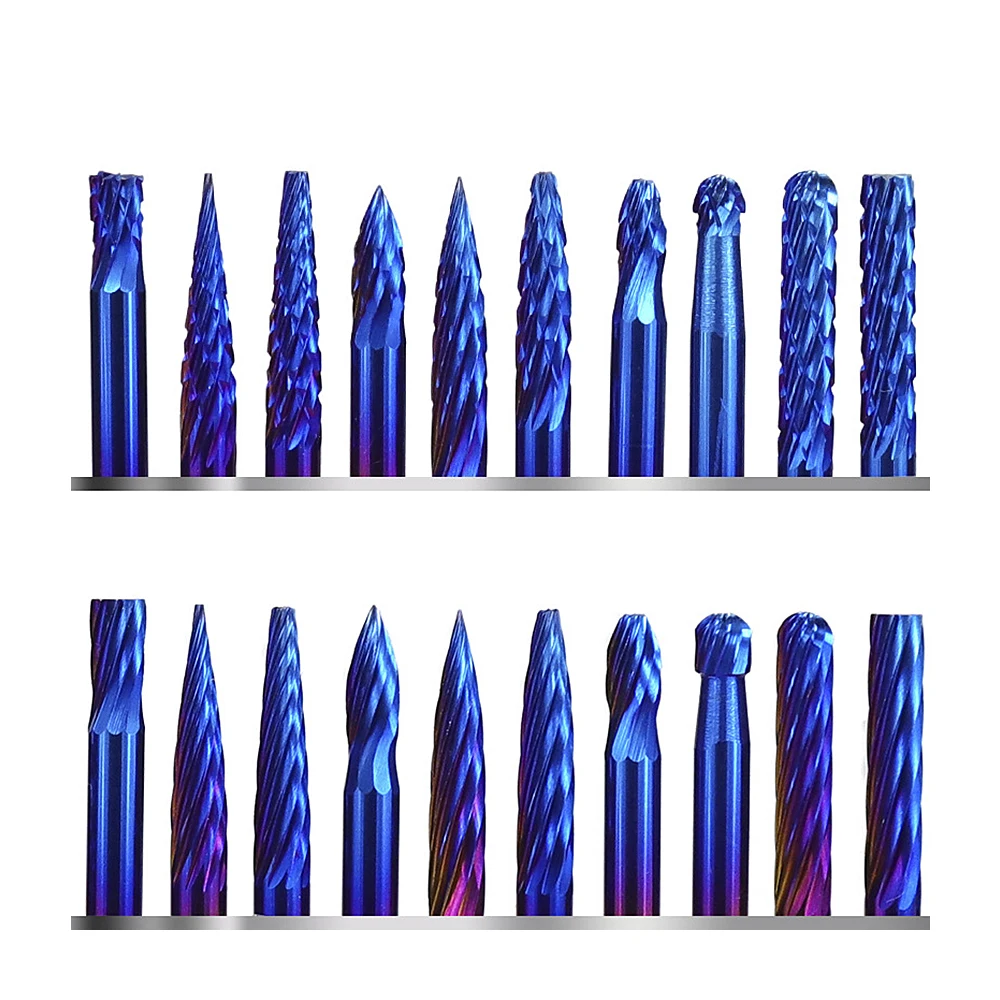 

New 20 Pcs/set Tungsten Carbide Rotary Burss Nano Blue Coated Double Cut Rotary File Burr CNC Engraving 1/4" Rotary Cutter Files