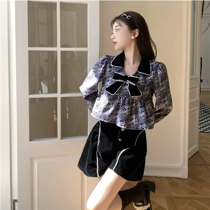 

New Spring Fashion 2 Piece Tracksuits Sweet Girl Bowknot Long Sleeve Short Shirt&High Waist Wide Leg Mini Shorts Sets Outfits