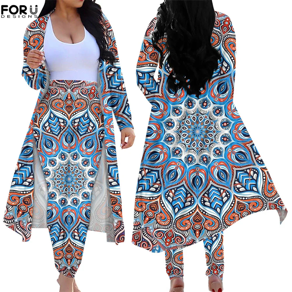 

FORUDESIGNS Women's Two-Piece Suit Polynesian Ethnic Style Symbols Open Front Cardigan & High Slim Fit Jumpsuit Female outfit
