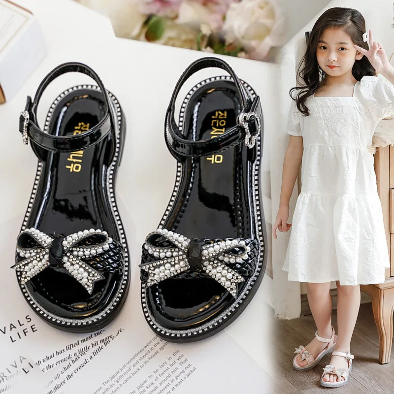 

Summer Girls Sandals Children Casual Woven Shoes Bowknot Pearl Rhinestone Princess Shoes Soft Bottom Non-slip Kids Beach Sandals