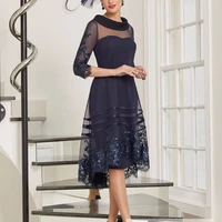 2021 arabic dubai navy blue evening party dress illusion half sleeves lace appliques prom formal gown vestidos de noiva
