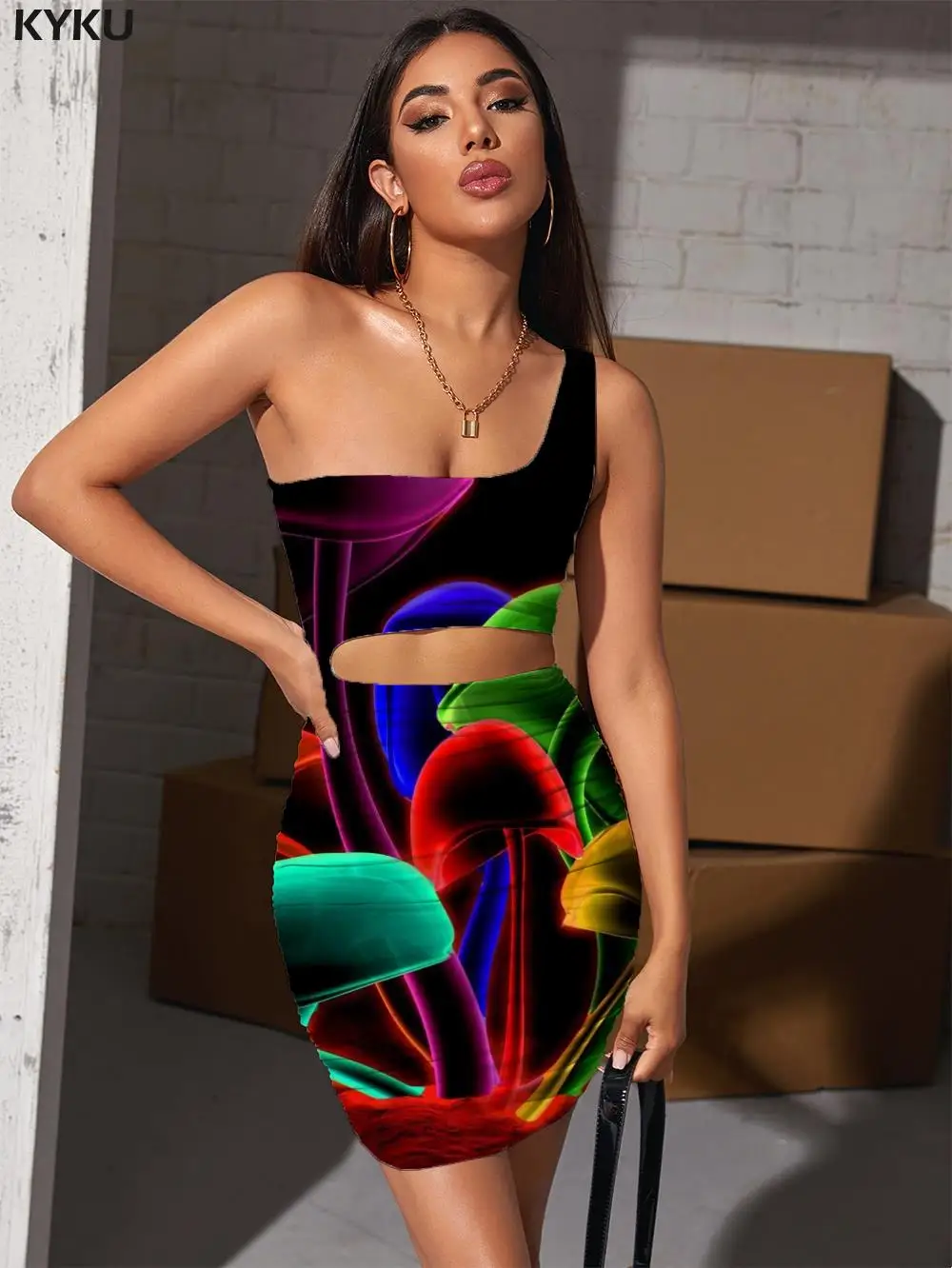 

KYKU Brand Colorful Dresses Women Neon Lights Hollow out Dresses Rainbow Bodycon Dress Harajuku 3d Print Womens Clothing