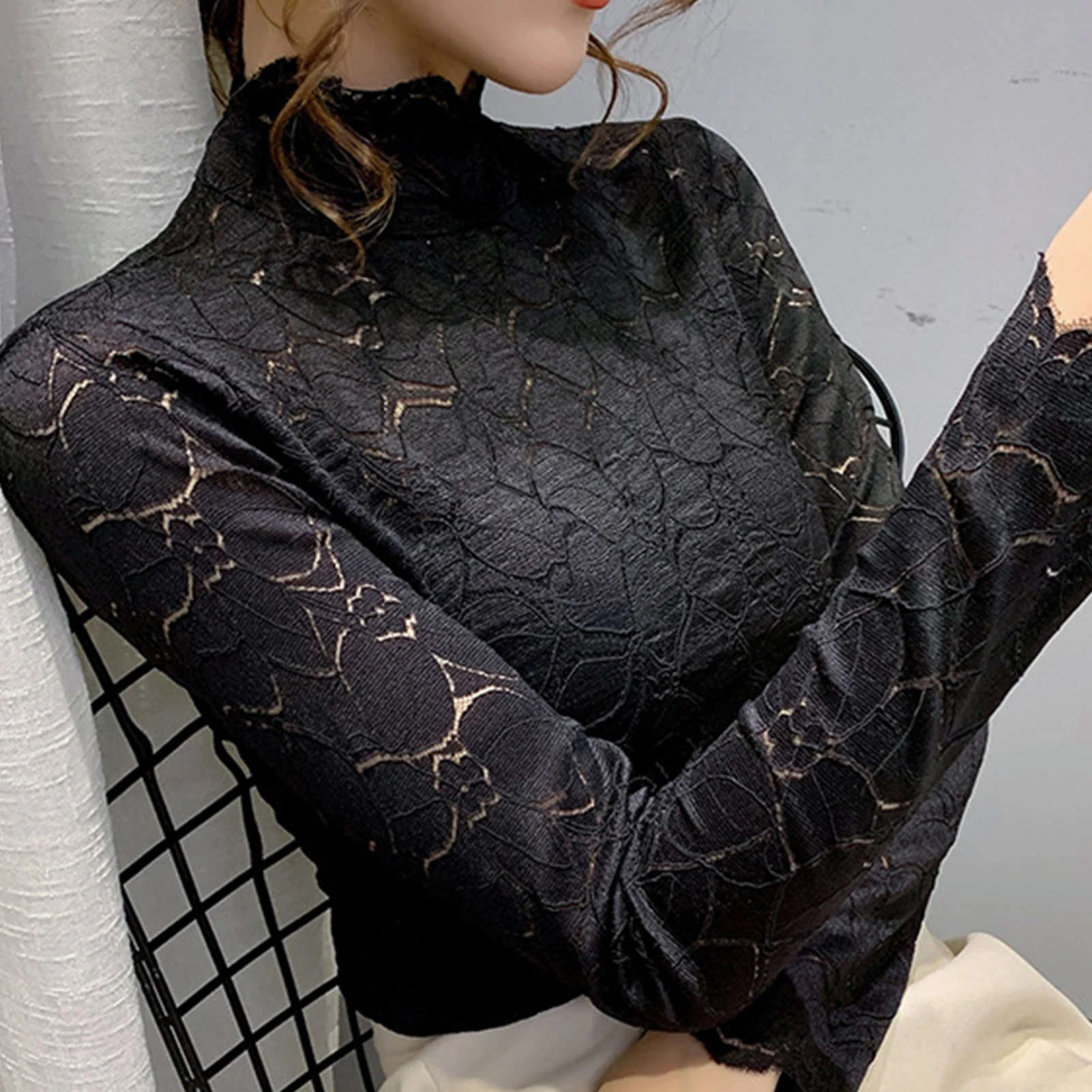 

Women Autumn Long Sleeve Turtle Neck Sheer Slim Blouse Solid Color Base T-shirt