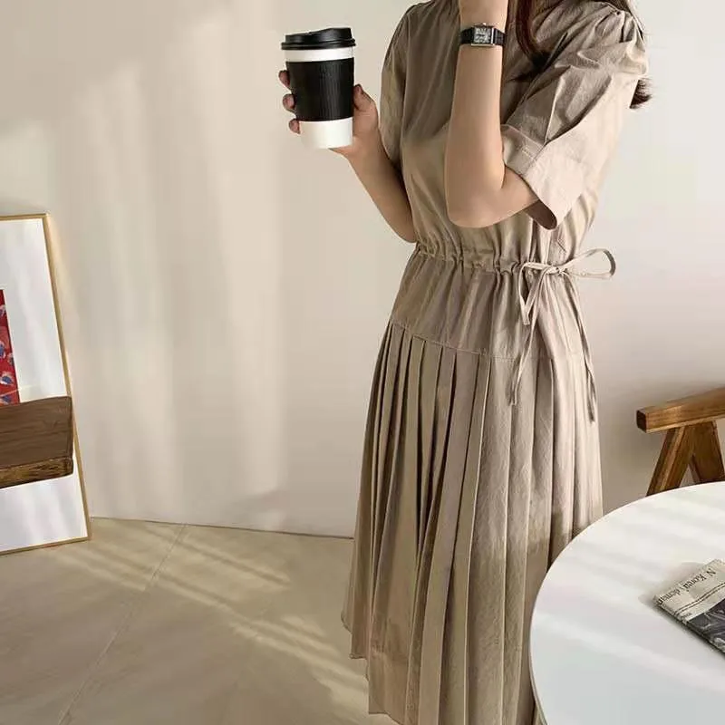 Verano cuello redondo Cordón de encaje-diseño de cintura, Vestido largo de costura, vestido coreano Chic temperamento suave de manga Puff vestido plisado