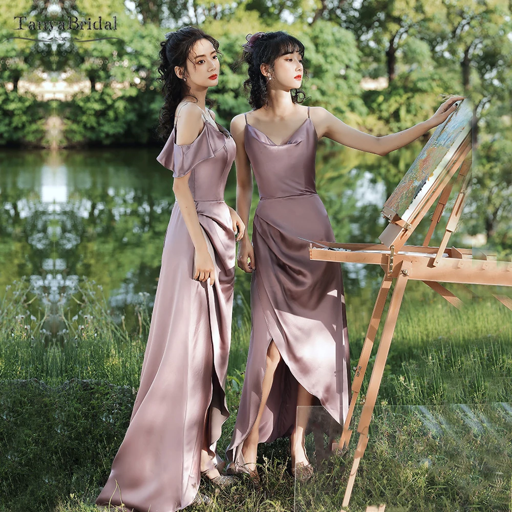 Dusty Rose Bridesmaid Dresses V-Neck 4 Styles Side Split Silk Wedding Party Gowns in Stock Formal Dresses ZB104