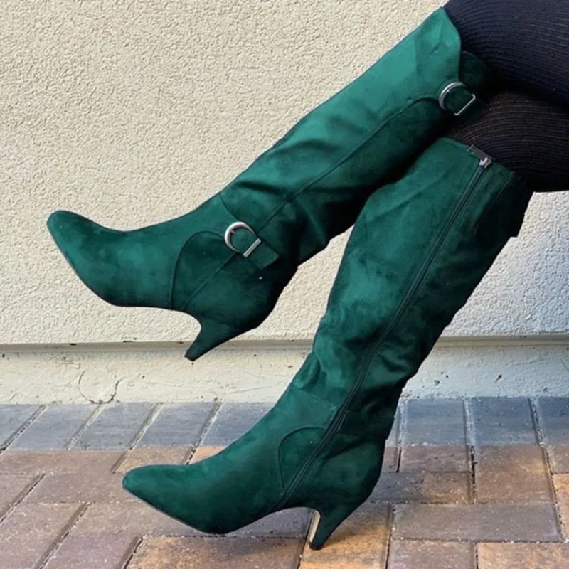 

New Arrivals Women Fashion Faux Suede Knee High Spike Heels Pointed Toe Zip Design Casual Modern Boots Botas De Mujer823