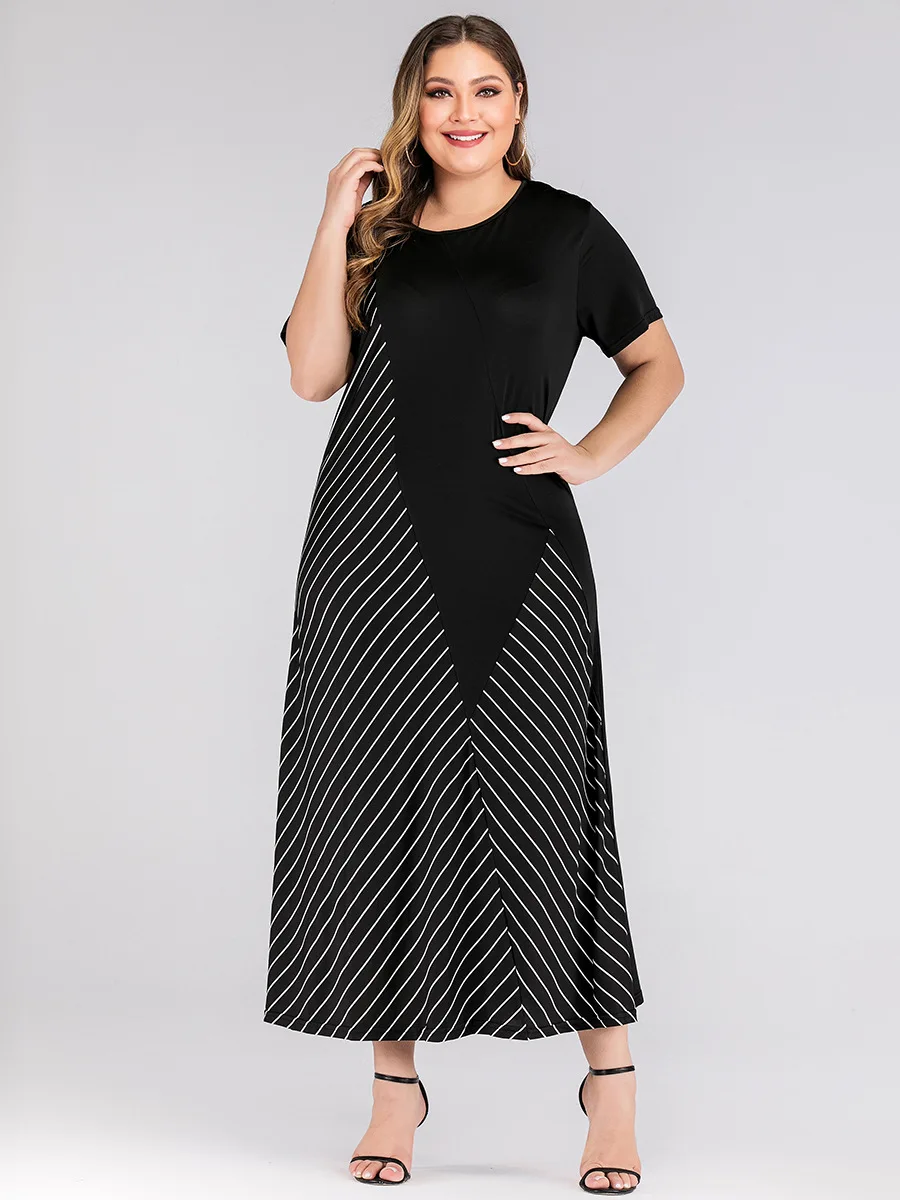 Длинное платье в полоску размера плюс 2020 Женская туника с коротким рукавом