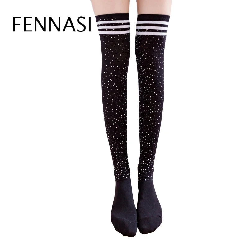 

FENNASI White Stripe Cotton Women's Stockings Black Cute Kawaii Shiny Over Knee Stockings College Style Thigh High Stockings