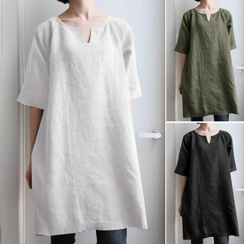 

3 Color New Classic Ladies Ramie Solid Color Literary Retro Chinese V-neck Casual Tops And Loose Shirt Dresses