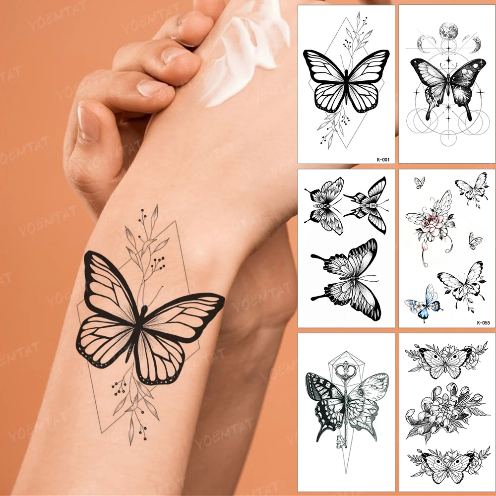 

Водостойкая Временная тату-наклейка, линейная Геометрическая бабочка, крылья, круглая черная татуировка, искусственная детская татуировка...