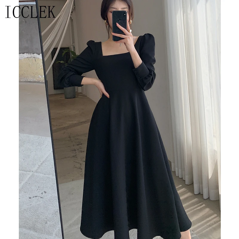 

Vintage Hepburn Square Neck Puff Sleeve Cotton Black Dress Women'S Midi Dress 2021 New Korean Bridesmaid Dress Party Dresses