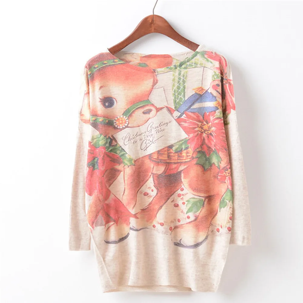 Women's Sweater New Batwing Sleeve Round Neck Christmas Print Autumn Winter Fashion Casual Warm Loose Comfortable Jumper#S