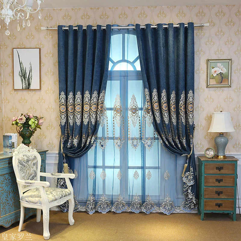 Royal European chenille Window Drapes for Villas Blue Luxury Embroidery Blackout Curtains Living Room Bedroom X-M209#30 | Дом и сад