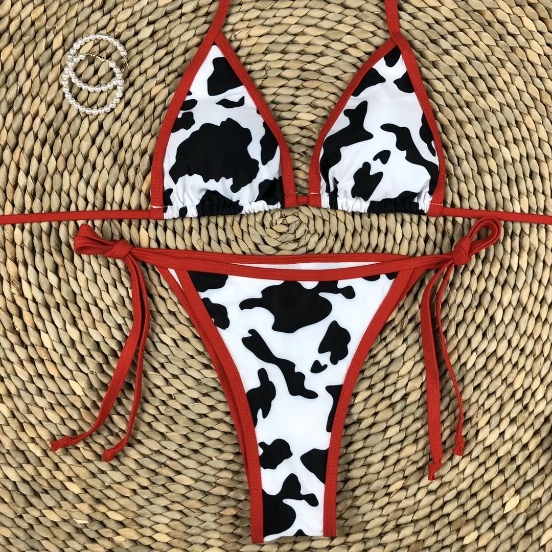 

Hirigin Sexy Bikini Set Women Swimwear 2021 New Cow Stripes Bandage Women Bathing Suit Halter Summer Women Biquini Beachwear