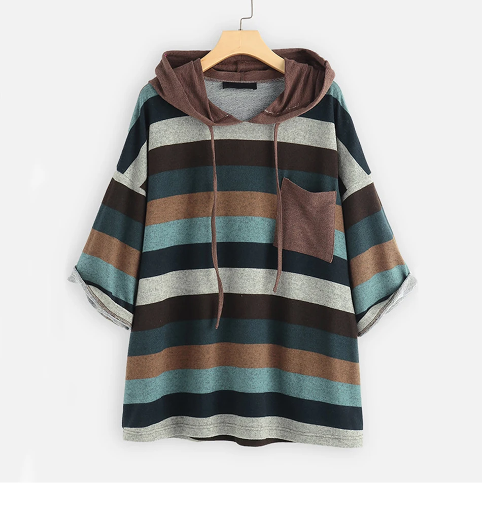5XL размера плюс, Женская толстовка, повседневная, с капюшоном, половина рукава, Женские кофты, винтажные, полосатые толстовки, женские топы
