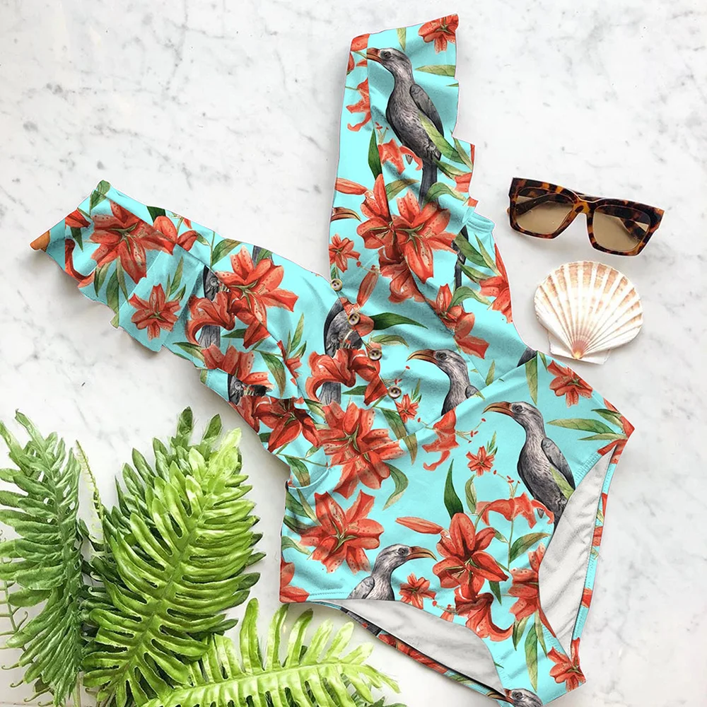 

2021Sexy New Ruffle One Piece Swimsuit Off The Shoulder Swimwear Women Swimsuit Deep-V Bathing Suits Beach Wear Swim Suit