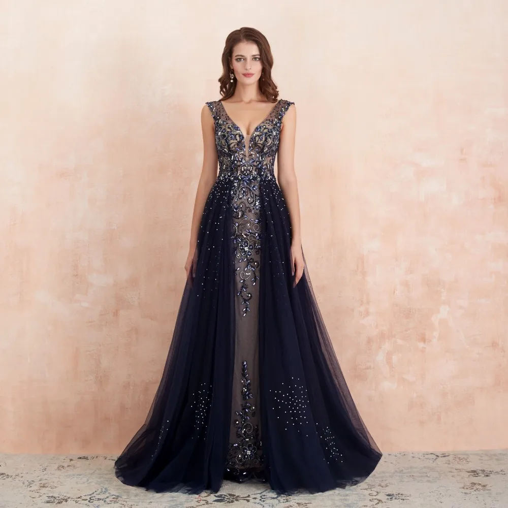 NAVY Sleeveless Erosebridal платья с длинным рукавом для особых случаев для женщин вечернее платье Длинные официальные платья вечерние платья тюль ткань с бисером - Цвет: NAVY Sleeveless