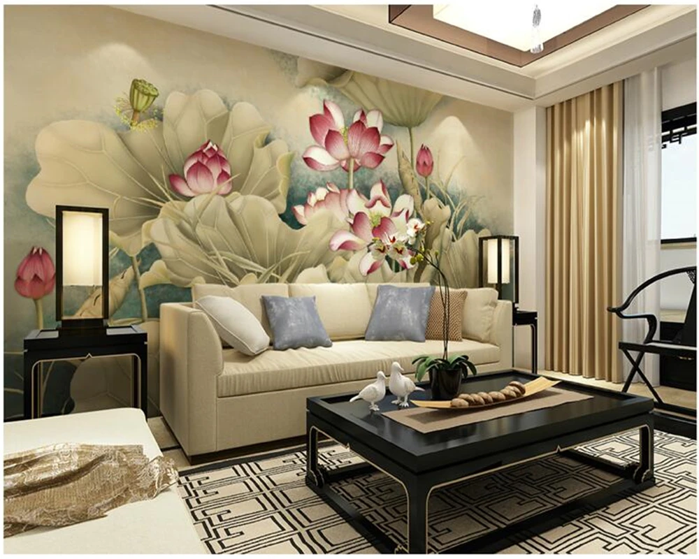 

Drop Shipping Custom Wallpaper 3d Frescoes Backdrops Large Green Mural Lotus New Chinese Wallpapers Living Room 3d Wallpaper