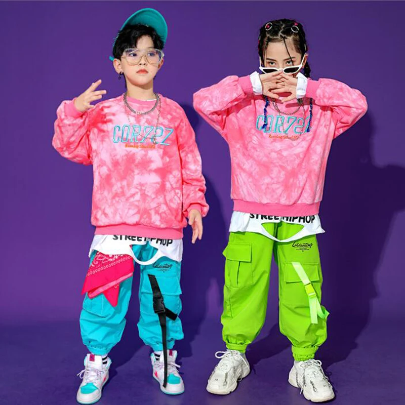 

Kids Hip Hop Clothing Tie Dye Sweatshirt Tops Streetwear Tactical Cargo Pants For Girl Boys Jazz Dance Costume Concert Clothes