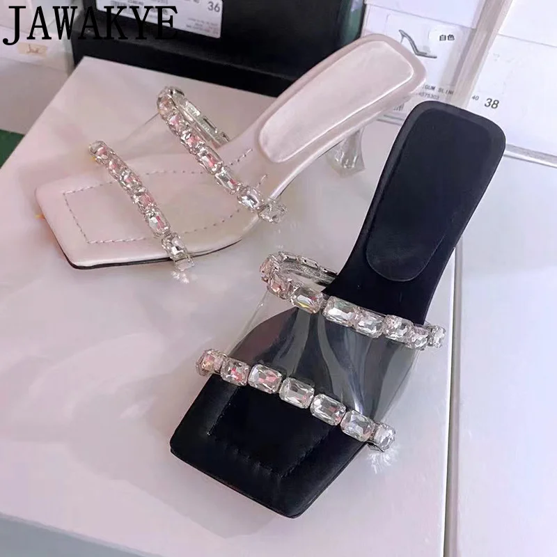 

2022 Summer New Women Clear PVC High heel Slippers transparent Square Open toe Luxury Brand Mules Sexy Crystal Sandals Mujer