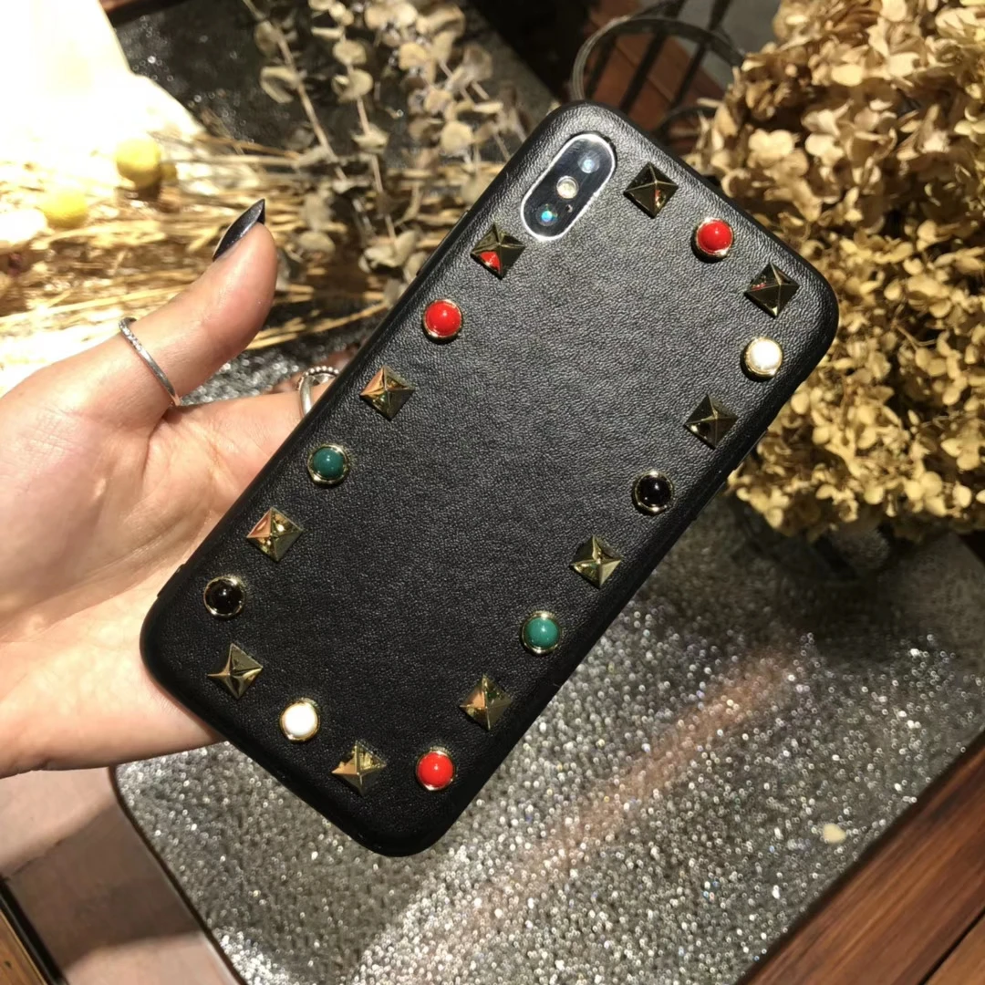 Роскошный кожаный с заклепками красочный ювелирный чехол для телефона для iPhone 11 Pro X XS Max XR 7 8 Plus чехол для телефона s Чехол Coque Fundas - Цвет: Black
