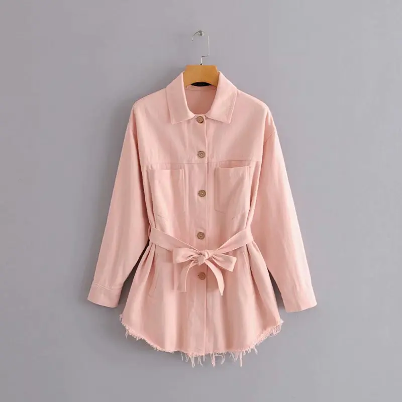 Осенняя джинсовая куртка с поясом Женская однотонная Повседневная Свободная