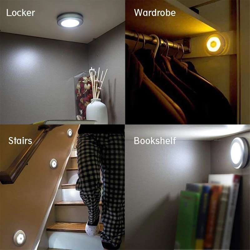 6LED PIR датчик движения Ночной светильник на батарейках для лестницы спальни шкаф