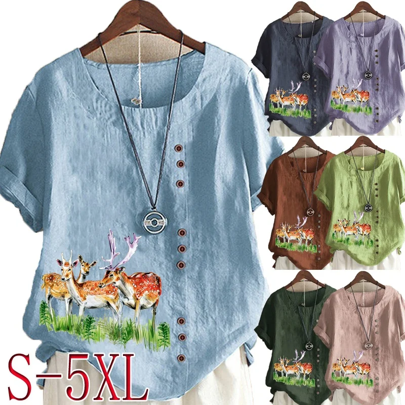 

Женская модная льняная рубашка с принтом Deers, летние топы с коротким рукавом, свободная блузка с круглым вырезом