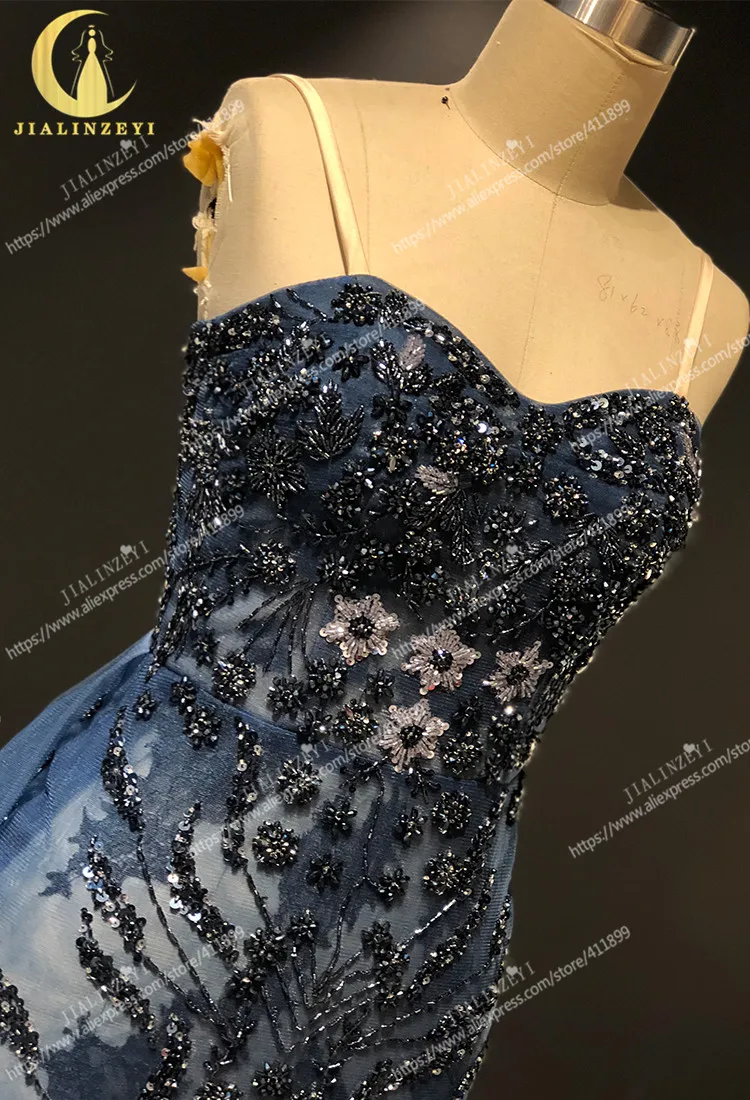 JIALINZEYI Real Picture Newest Navy Blue Spaghetti Strap Crystal Sexy Luxurious Party Dress Formal Dress Evening Dresses 2021