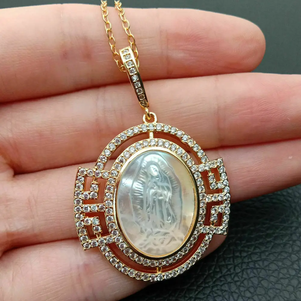 Белая ракушка Швабра Камея Avalokitesvara прозрачная CZ подвеска с микрозакрепкой цепочка Ожерелье