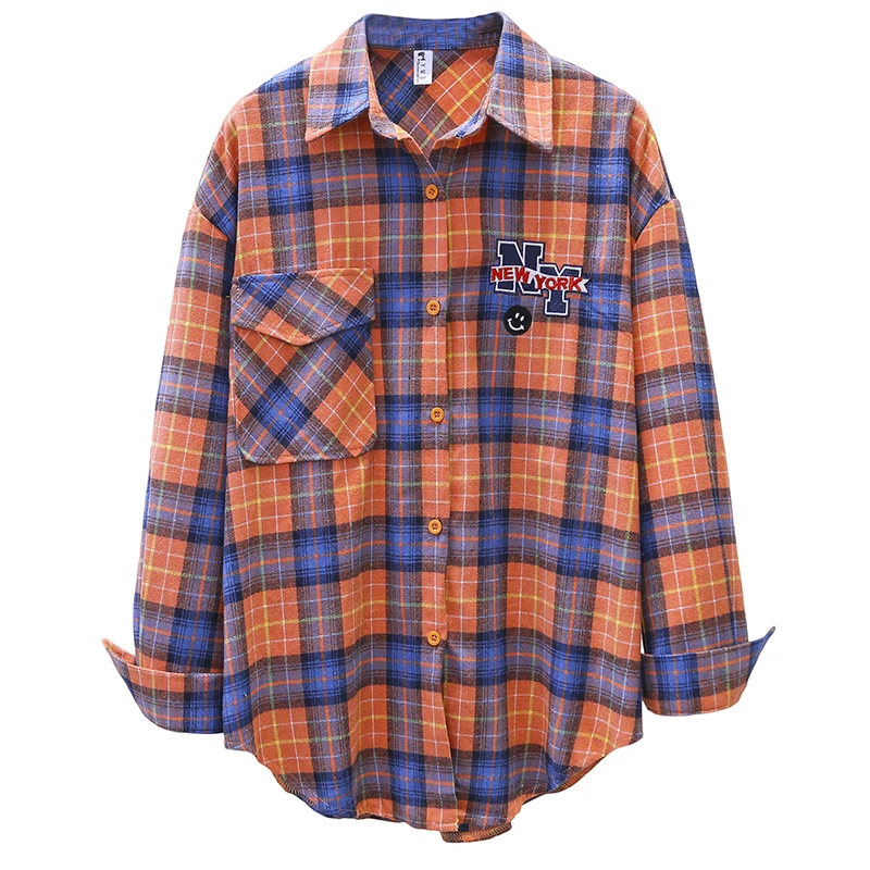 

2021 Spring Autumn Women's Blouse Loose Embroidery Vintage Blause Long Sleeve Female Shirts Casual Sanding Plaid Shirt KN32